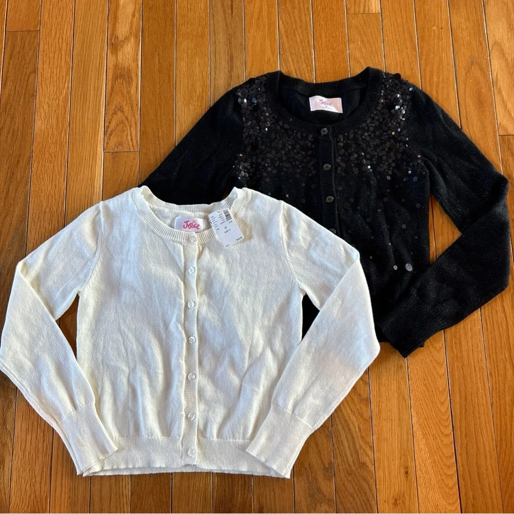 Justice Button Down Front Cardigan Sweaters Girls Size 8 Black Sequin & Ivory - Picture 1 of 8